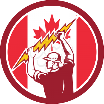 Icon retro style illustration of a Canadian electrician or power lineman holding lightning bolt with Canada maple leaf flag set inside circle on isolated background.