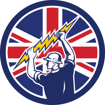 Icon retro style illustration of a British electrician or power lineman holding lightning bolt with United Kingdom UK, Great Britain Union Jack flag set inside circle on isolated background.