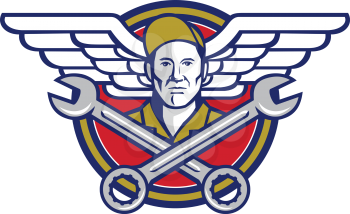 Icon retro style illustration of a crew chief or aircraft mechanic with crossed spanner or wrench and aviator or army wings set inside circle on isolated background.