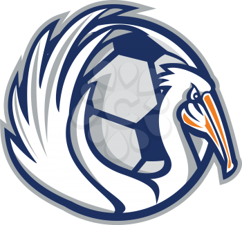 Illustration of a pelican showing its wings with soccer football ball in the background viewed from the side done in retro style. 