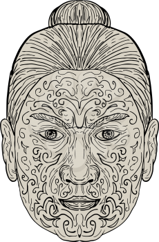 Illustration of a Maori Face with Moko facial Tattoo done in Drawing sketch style.