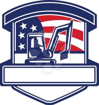 Badge icon retro style illustration for excavation services showing a mechanical digger or excavator set inside shield with American stars and stripes USA flag in background.