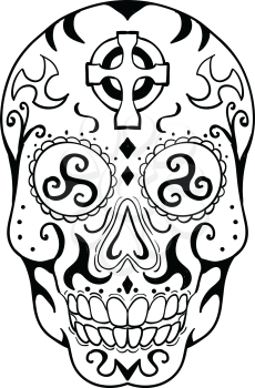 Tattoo style illustration of Mexican skull or calavera, a human skull with decoration, with triskelion or triskele in eye socket and Celtic cross on forehead viewed from front done in black and white.
