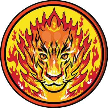 Icon retro style illustration of head of a flaming tiger that is set on fire, flames or fiery viewed from front set inside circle on isolated background.