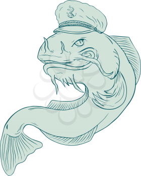 Drawing sketch style illustration of a catfish wearing sea captain hat cap on isolated background.