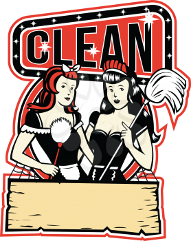Retro style illustration of Twin Cleaner Maid with feather duster and broom mop set inside circle with wooden plank and words Clean.