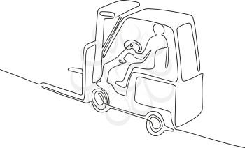 Continuous line drawing illustration of a warehouse operator driver driving a forklift truck viewed from high angle done in sketch or doodle style. 