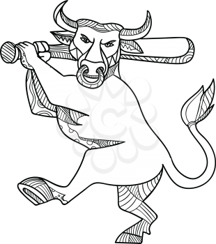 Mono line illustration of Texas longhorn bull batting with baseball bat in black and white done in monoline style.
