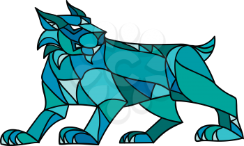 Mosaic low polygon style illustration of a bobcat, Eurasian lynx, Canada or Iberian lynx prowling viewed from side on isolated white background in color.