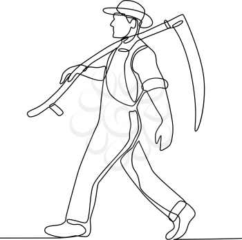 Continuous line illustration of an organic farmer walking carrying a scythe viewed from side done in black and white monoline style.