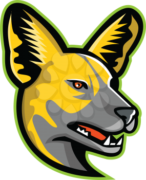 Sports mascot icon illustration of head of an African wild dog, African hunting dog, African painted dog, painted hunting dog, or painted wolf, a canid native to Sub-Saharan Africa, viewed from sided
