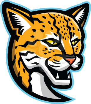 Sports mascot icon illustration of head of a margay (Leopardus wiedii), a small wild cat native to Central and South America viewed from side on isolated background in retro style.