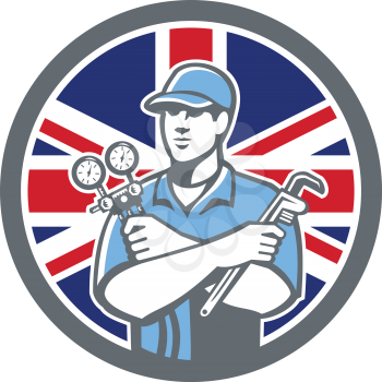 Icon retro style illustration of a British Refrigeration Mechanic, air conditioning or air-con serviceman holding manifold gauge with United Kingdom UK, Great Britain Union Jack flag set in circle.
