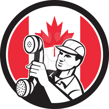 Icon retro style illustration of a Canadian telephone installation repair technician or  repairman holding phone with Canada maple leaf flag set inside circle on isolated background.