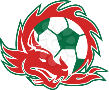 Retro style illustration of a Welsh Dragon coling around a Soccer Ball on isolated background.