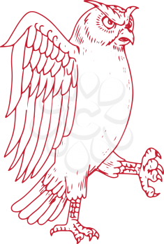 Drawing sketch style illustration of a Great Horned Owl Marching viewed from side on isolated background.