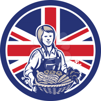 Icon retro style illustration of a British female organic farmer presenting crop harvest  with United Kingdom UK, Great Britain Union Jack flag set inside circle on isolated background.