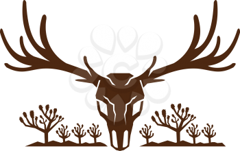 Icon style illustration of Mule Deer Skull viewed from front with Joshua Tree yucca palm and mountains in background.