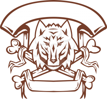 Retro style illustration of a Wolf Canis lupus head Cross Bones below it and Banner scroll on isolated background.