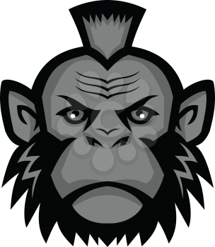 Mascot icon illustration of head of a chimpanzee wearing a mohawk hairstyle or haircut viewed from front on isolated background in retro style.