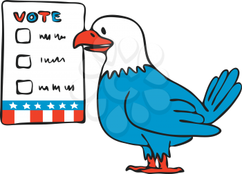 Drawing sketch style illustration of an American bald eagle about to vote beside election ballot paper on isolated white background.