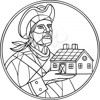 Mosaic style illustration of an American patriot holding up a residential house or home set inside circle on isolated background in Black and White
,