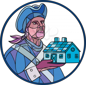 Mosaic style illustration of an American patriot holding up a residential house or home set inside circle on isolated background in color.
