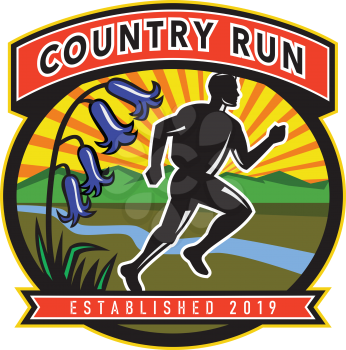 Icon retro style illustration of a marathon runner with bluebells, river, mountain and sun set inside oval with words Country Run Established 2019 on isolated background.
