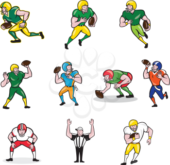 Set or Collection of cartoon character style illustration of American football player in different roles like quarterback, running back, center,wide receiver,tackle, guard and referee on isolated white background.