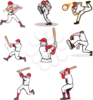 Set or collection of cartoon character mascot style illustration of a baseball player, pitcher and batter on isolated white background.