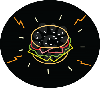 Retro style illustration showing a 1990s neon sign light signage lighting of a cheeseburger, a hamburger topped with slice of cheese is placed on top of the meat patty on isolated background.