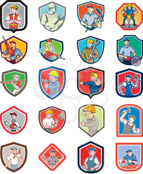 Set or Collection of cartoon character icon style illustration of construction worker, carpenter,engineer or builder set in crest or shield on isolated white background.