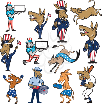Set or Collection of cartoon charactermascot style illustration of an American donkey wearing stars and stripes suit  on isolated white background.