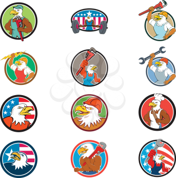 Set or collection of cartoon character mascot style illustration of an American bald eagle as plumber, electrician, mechanic and weightlifter set inside circle on isolated white background.
