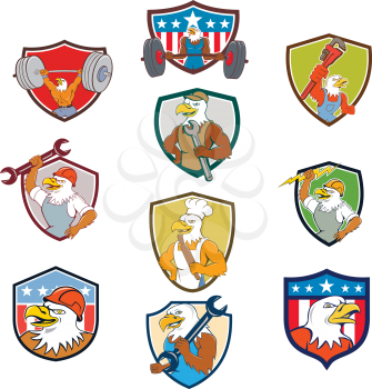 Set or collection of cartoon character mascot style illustration of an American bald eagle as plumber, electrician, mechanic and weightlifter set inside crest on isolated white background.