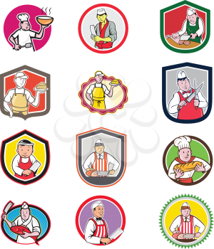 Set or collection of cartoon character mascot style illustration of food worker such as chef, cook, baker, cheesemaker, fishmonger or butcher set in circle, crest or shield on isolated white background.
