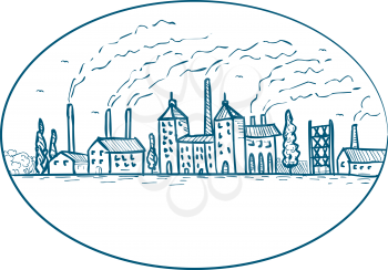 Drawing sketch style illustration of an industrial revolution landscape of the 1800s with factory, building, smokestack, chimney, smoke and air pollution set inside oval on isolated white background.