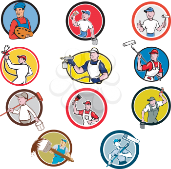 Set or collection of cartoon character mascot style illustration of house or domestic painter, builder, handyman, decorator, contractor or renovator set in circle on isolated white background.