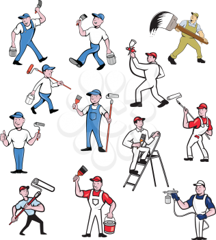 Set or collection of cartoon character mascot style illustration of house or domestic painter, builder, handyman, decorator, contractor or renovator on isolated white background.
