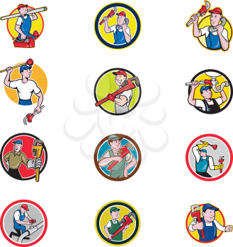 Set or collection of cartoon character mascot style illustration of a plumber contractor in overalls and hat carrying monkey wrench and toolbox set inside circle on isolated white background.
