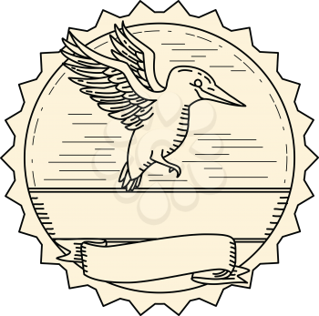 Illustration of a Kingfisher Flying viewed from Side set inside rosette with banner scroll done Monoline line drawring style.
