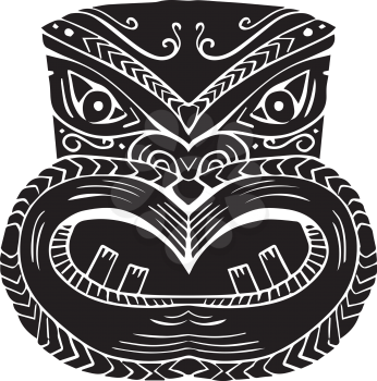 Illustration of a New Zealand Maori Koruru Tiki mask done in Woodcut style.