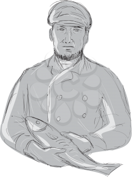 Illustration of a Vintage Fishmonger wearing cap Holding Fish front view done in hand sketch Drawing style.