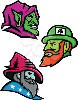 Mascot icon illustration set of heads of a goblin, Irish leprechaun and a wizard, sorcerer, warlock or magician  viewed from side  on isolated background in retro style.