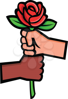 Mascot icon illustration of two hands, one white or Caucasian hand and the other black or African-American, holding the stem of a red rose viewed from side on isolated background in retro style.