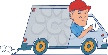 Cartoon style illustration of a Delivery Man guy driver Driving Truck delivery Van viewed from side on isolated background.