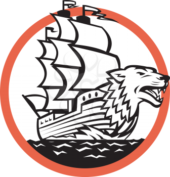 Retro style illustration of a Galleon sailing Ship with Wolf on Bow set inside circle on isolated background.