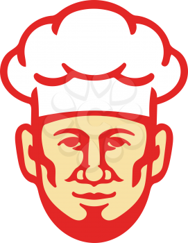 Illustration of a bearded chef cook baker head facing front wearing toque hat set on isolated white background done in retro style. 