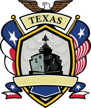 Icon style illustration of a Texas Navy Battleship with Texas Lone Star and Navy Flag on side and American Eagle up top set inside shield crest shape.