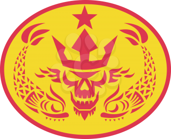 Retro style illustration of head of Neptune Skull wearing a trident crown with two Fish on side and star set inside Oval on isolated background.